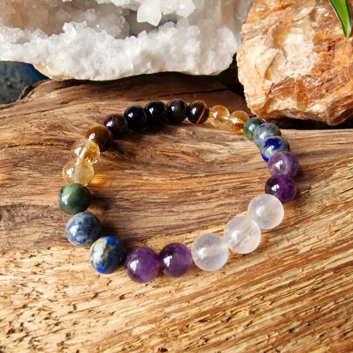 Crystal bracelet with citrine, Jade, Tiger's eye, Garnet, Lapis lazuli, Amethyst and Moonstone beads