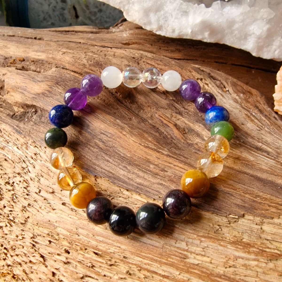 Chakra balancing crystal bracelet made with natural 8mm crystal beads 

