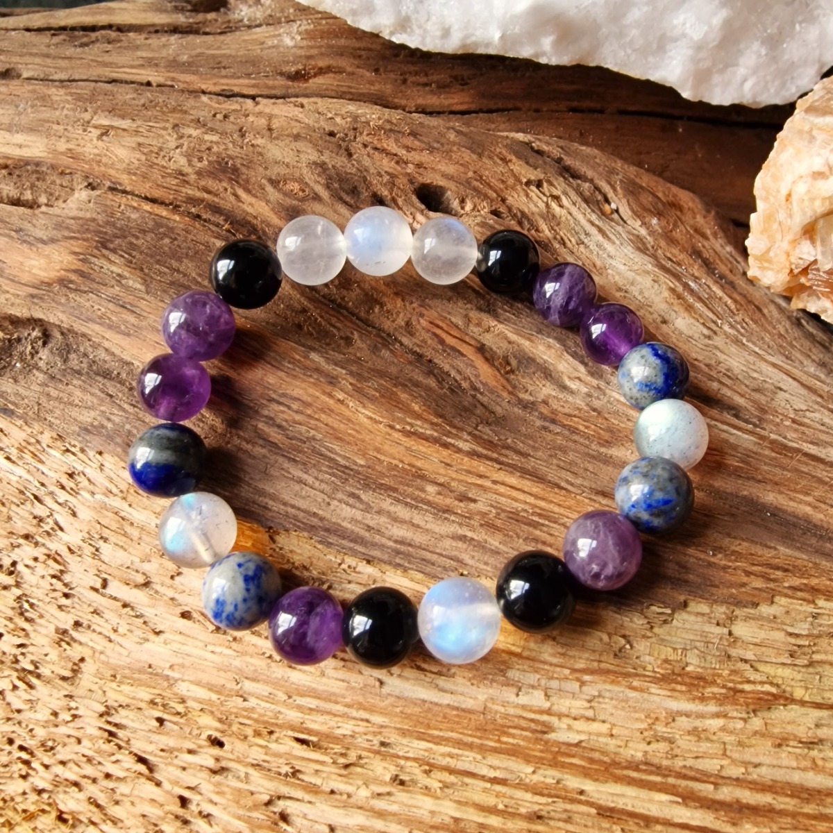 labradorite, lapis lazuli, moonstone, amethyst, obsidian crystal bead bracelet 