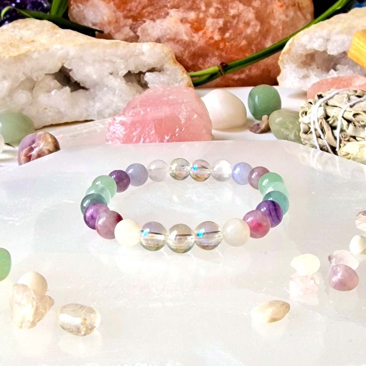 Aura Quartz, Moonstone, Aventurine, Pink Tourmaline and Fluorite crystal bracelet made with natural high-quality crystal beads 