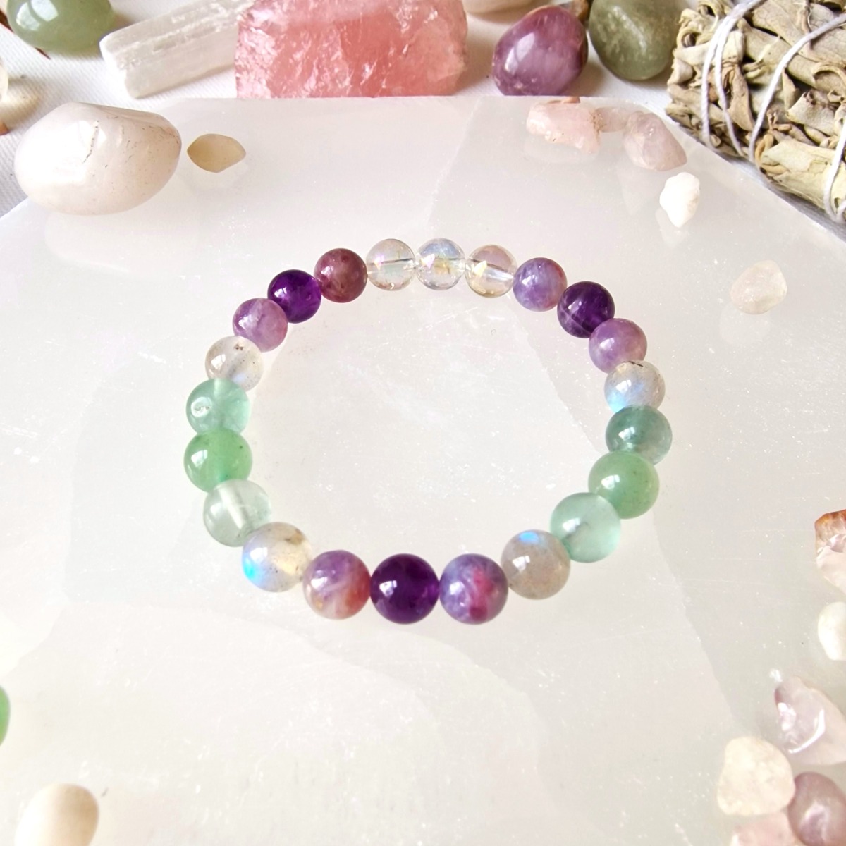 Healing crystal bracelet made with Aventurine, Fluorite, Amethyst, Pink Tourmaline, Labradorite and Aura Quartz