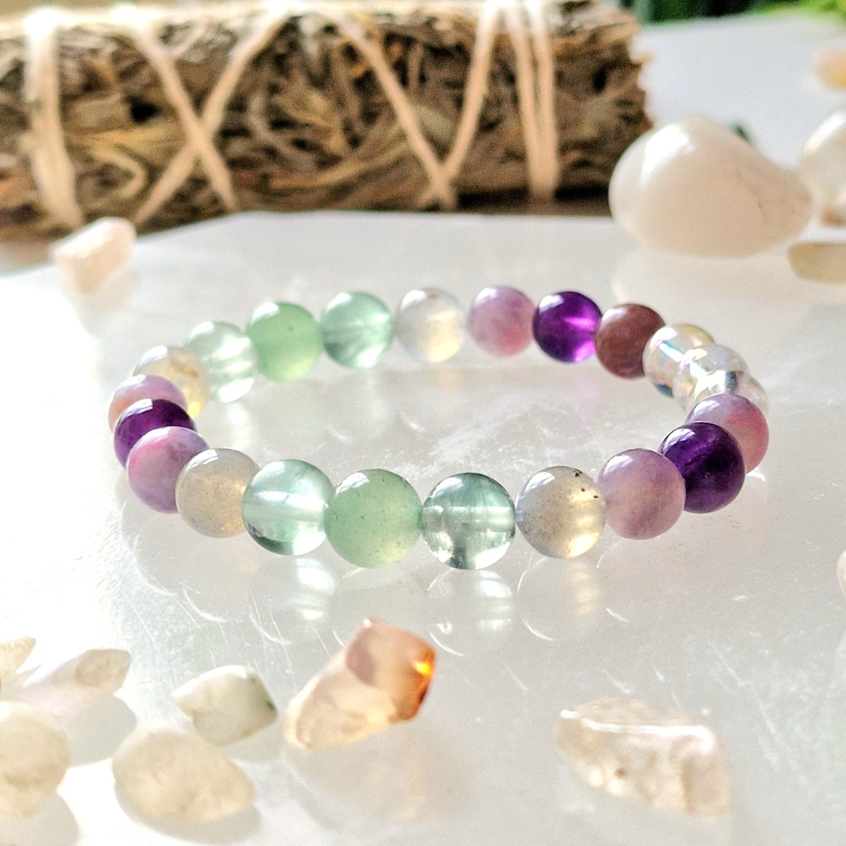 Healing crystal bracelet made with high-vibrational crystal beads of amethyst, labradorite,, aura quartz, aventurine and fluorite